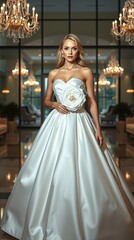 Naklejka premium A high-fashion cinematic portrait: a stunning blonde Bride woman with delicate features and fair skin, wearing a deep-white satin ball gown With a big beautiful flower on the front of the dress.