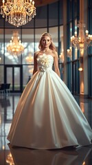 A high-fashion cinematic portrait: a stunning blonde Bride woman with delicate features and fair skin, wearing a deep-white satin ball gown With a big beautiful flower on the front of the dress.