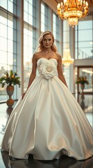 Obraz premium A high-fashion cinematic portrait: a stunning blonde Bride woman with delicate features and fair skin, wearing a deep-white satin ball gown With a big beautiful flower on the front of the dress.