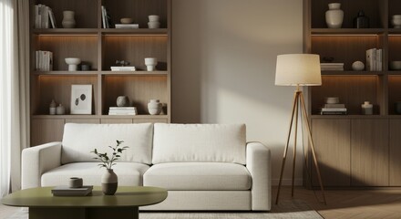 Serene minimalist living room with a plush white sofa built-in wooden shelves and warm lighting creating a cozy and elegant ambiance
