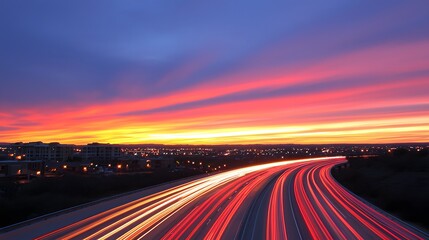 Obraz premium Cars speeding on highway at dusk with blurred city lights. For transportation or travel concepts