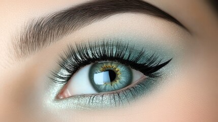 Obraz premium Close-up of a green eye with extended, voluminous black and blue lashes, showcasing crisp iris details, soft natural lighting, beauty and makeup focus, clean background.