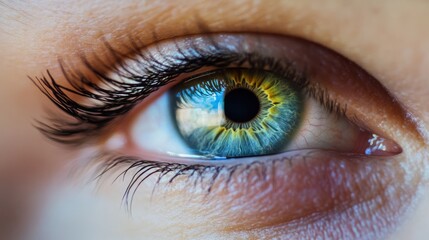 Obraz premium Ultra-HD macro shot of a green eye with dramatic, curled black and blue lashes, vibrant iris details, soft lighting, and a clean, natural look