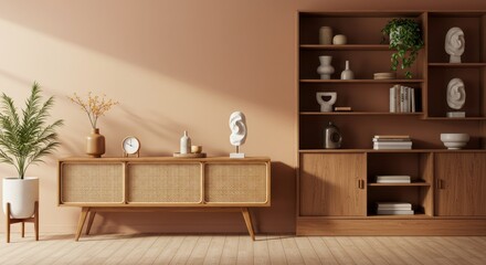 Fototapeta premium A warm and inviting living room featuring a soft peach accent wall complemented by wooden elements