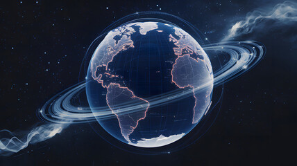 A massive virtual globe rotating in space, with AI algorithms analyzing data from different regions.