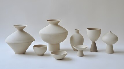 Ceramic vases, bowls, and cups on plain backdrop. Home decor, crafts, pottery design project mockup use