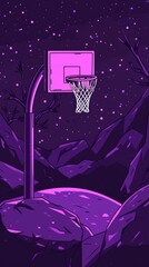 Purple basketball hoop at night on a rocky mountain