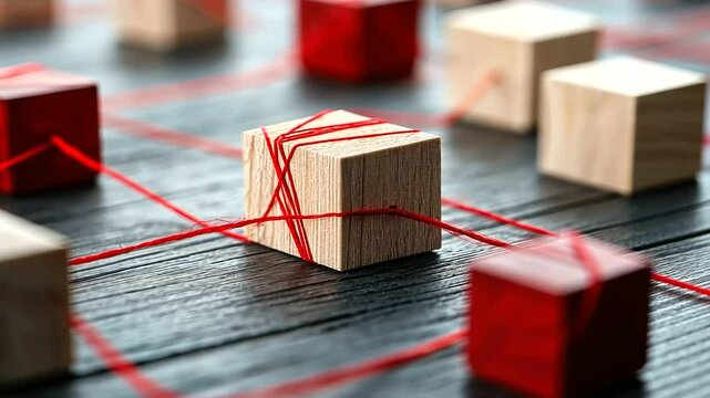 Minimalist conceptual image of wooden blocks arranged in a network, red threads emphasizing strong connections between individuals or teams.