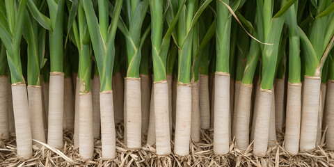 Fototapeta premium A close up shot of a group of fresh leeks, still growing in their natural environment, showcasing their vibrant green tops and pale bottoms.