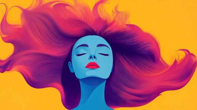 Psychedelic Portrait of Woman Experiencing Music Therapy with Flowing Hair in Vibrant Colors, Expressive Art Style, Meditation and Relaxation Concept, Ideal for Creative and Therapeutic Designs