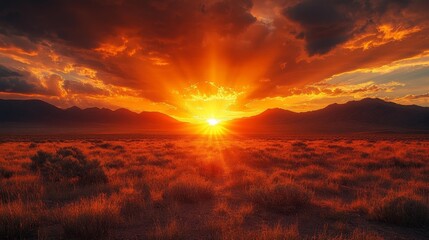 Obraz premium Majestic Desert Sunrise with Fiery Sunburst Over Rocky Hills. Generative AI