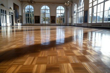 A beautifully polished wooden dance floor is illuminated by natural light coming through large windows, creating a serene and inviting atmosphere suitable for events.