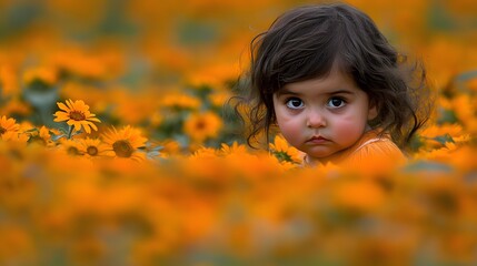 Fototapeta premium Child peering out from field of sunflowers, dreamy background, possible use for beauty products ads