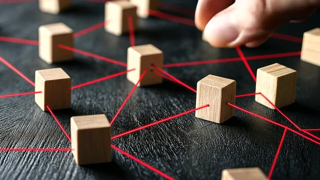 Professional representation of teamwork using wooden blocks and red string connections, highlighting corporate collaboration and project success.