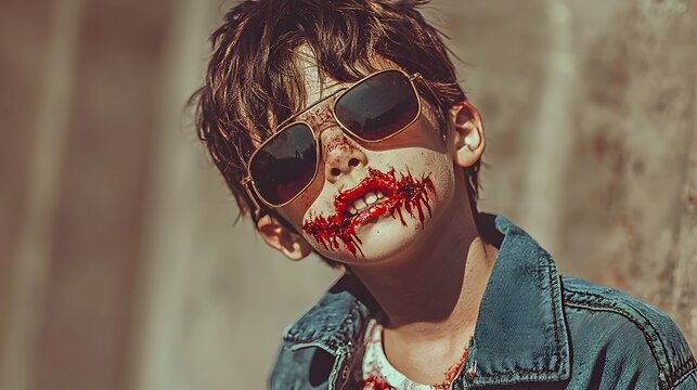 Child with fake blood at outdoor wall Halloween party or event costume, horror theme