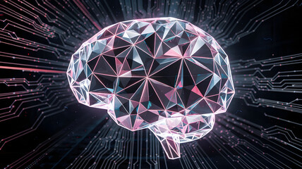 A digital brain made of interconnected geometric shapes, pulsing with neon light.