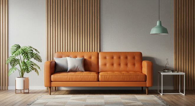 Stylish contemporary living room with a bold orange leather sofa, wooden slat accents and modern decor