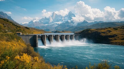 Flowing water cascades through turbines at a hydropower dam, generating clean energy against a dramatic backdrop of majestic mountains and clear skies