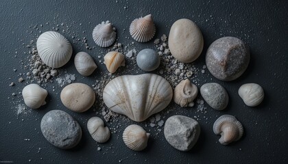 Collecting natural treasures seashells and stones display coastal beach still life indoor setting top-down view