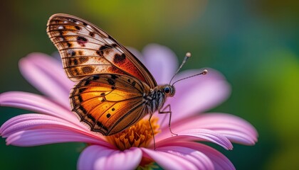 Obraz premium Butterfly feeding on pink flower garden nature photography vibrant setting close-up view beauty of life