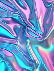 Holographic metallic foil with shifting magenta, cyan, and teal tones, high-detailed folds and creases, hyper-realistic, 8K, mesmerizing reflections