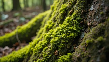 Fototapeta premium Exploring lush green moss on tree trunk forest nature photography close-up tranquil environment