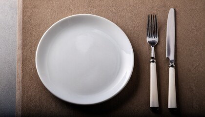 clean empty white plate with knife and fork