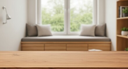 A blurred background of a cozy modern living space viewed from a sleek wooden countertop