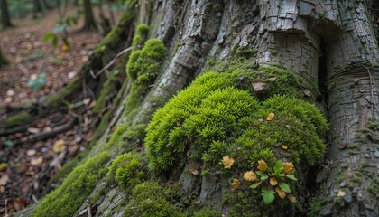 Exploring nature's textures moss growth on tree bark in enchanted forest close-up photography