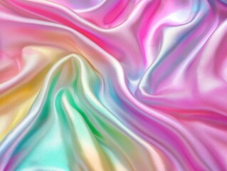 Obraz premium Pastel rainbow satin, soft fluid waves, gentle pearlescent glow, metallic highlights, dreamy aesthetic, ultra-realistic, high-resolution digital rendering 