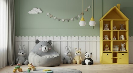 Cozy and imaginative children playroom with a sage green accent wall bear-shaped bean bag and playful decor