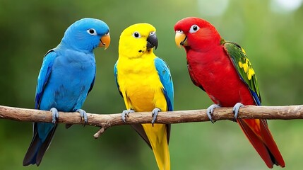 Fototapeta premium Parrots perch on branch, communicating against green forest. Education, wildlife campaigns