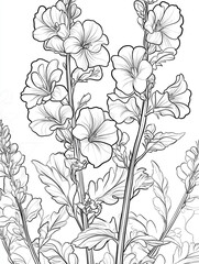 A black-and-white illustration of flowers