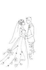 Fototapeta premium A wedding Couple in an Elegant Pose against a background of flowers, black and white image