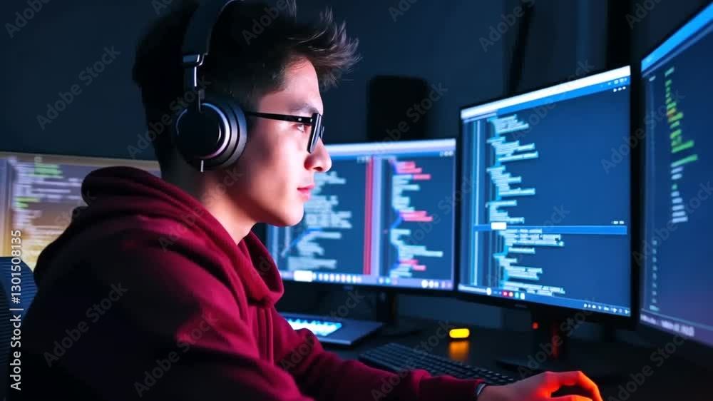 Poster young professional immersed in coding project showcasing software development process and technology