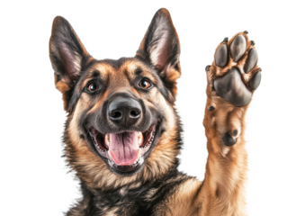 Happy dog raises paw while looking playfully at the camera in a bright setting, showcasing excitement and friendliness