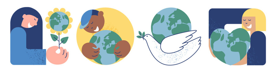 Earth Day! People caring about planet,  heart-shaped earth, dove with globe. Design on the theme of saving the planet. Hand drawn vector illustration