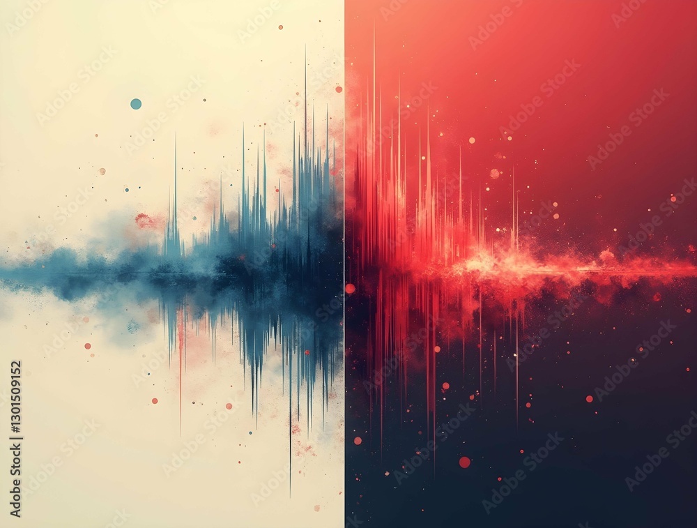 Poster A dynamic abstract image with a central divide, featuring a blue soundwave-like graphic on a light background and a red one on a dark background