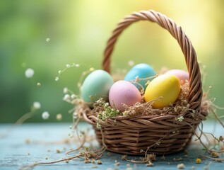 Rustic Basket of Pastel Easter Eggs 