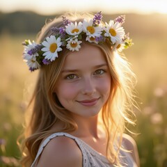Naklejka premium Woman in Daisy and Lavender Flower Crown in Spring