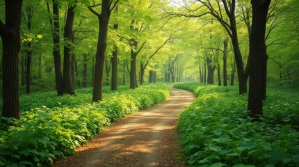 Obraz premium Winding Path in Lush Spring Forest with Sunlight