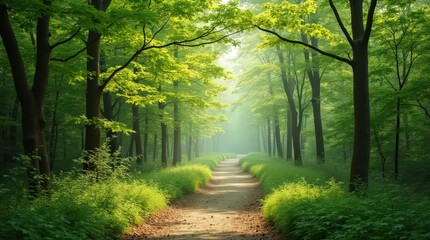 Fototapeta premium Winding Path in Lush Spring Forest with Sunlight