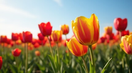 Obraz premium Vibrant Red and Yellow Tulip Field in Spring