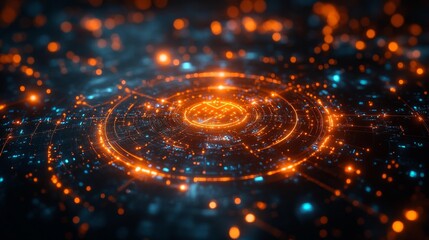 A futuristic digital interface with concentric glowing rings and an intricate data network design in blue and orange hues. Generative AI