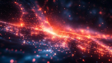 Obraz premium A futuristic digital interface with glowing orange and blue dots representing interconnected data points across a dark background. Generative AI