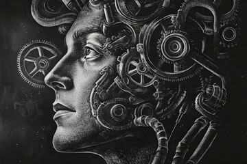 Engraved Illustration of a Visionary Thinker Surrounded by Inventions