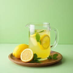 Fototapeta premium Fresh Lemonade Pitcher with Mint on Wooden Tray
