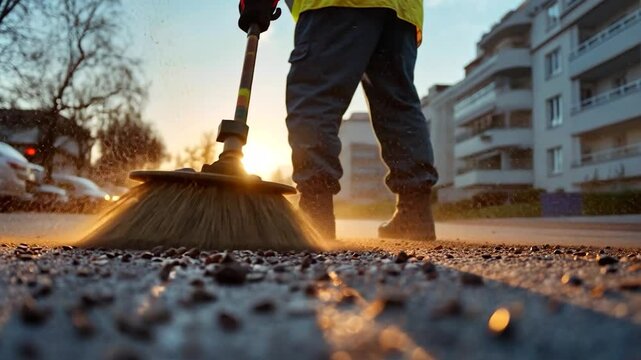 Street sweeper cleaning asphalt at sunrise