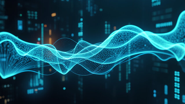 Eine abstrakte Darstellung eines futuristischen Datenstroms, in dem leuchtende blaue und gr&uuml;ne Codezeilen wie Fl&uuml;ssigkeit durch eine dunkle High-Tech-Umgebung flie&szlig;en.KI Generated