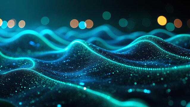 Eine abstrakte Darstellung eines futuristischen Datenstroms, in dem leuchtende blaue und gr&uuml;ne Codezeilen wie Fl&uuml;ssigkeit durch eine dunkle High-Tech-Umgebung flie&szlig;en.KI Generated